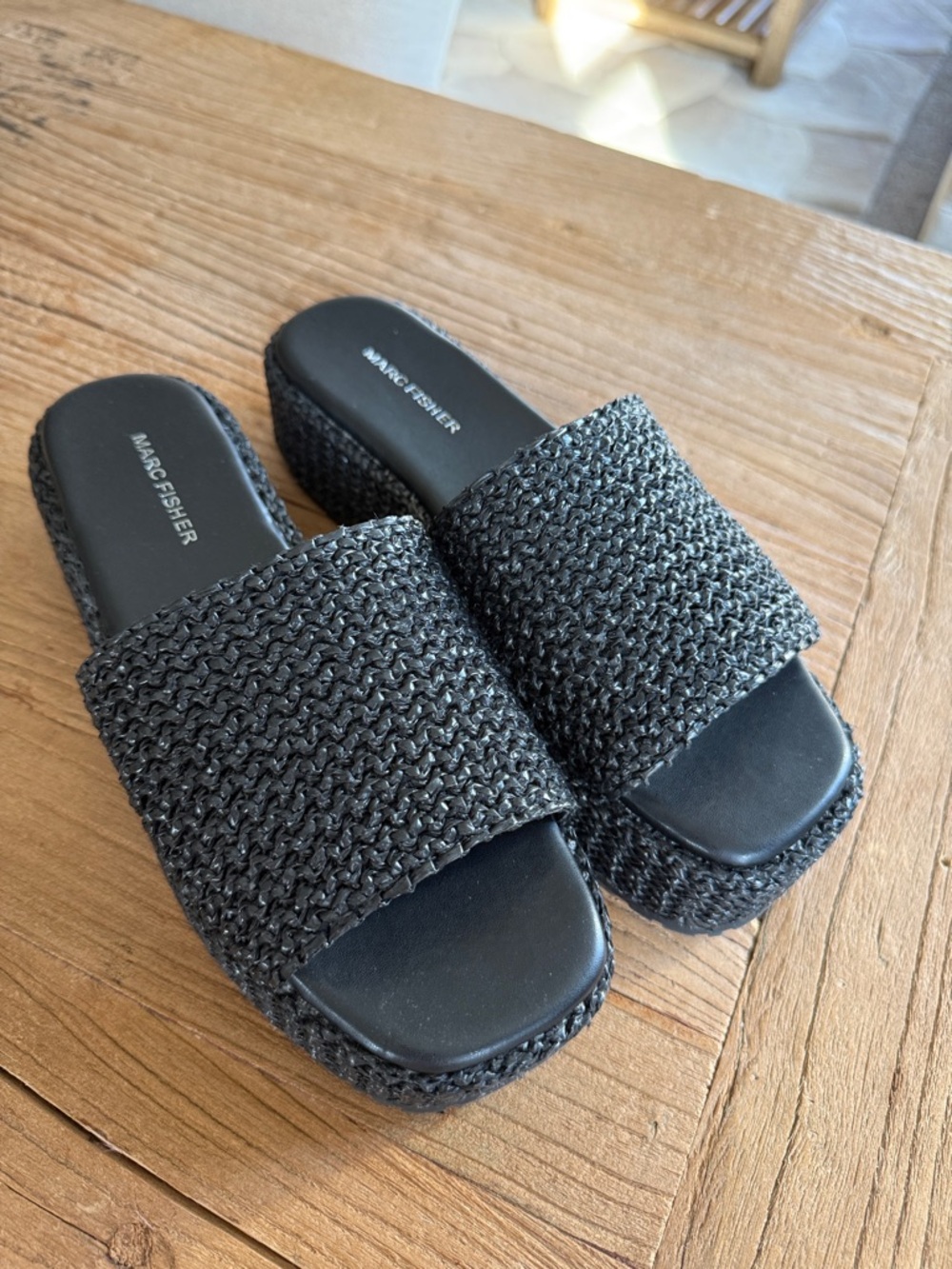 Marc Fisher Black Woven Slide Sandals with Platform Sole 9